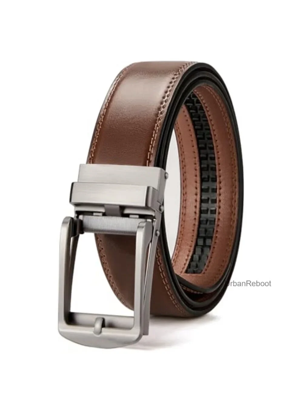 Men's Leather Ratchet Belt Adjustable Trim to Fit Gift Boxed Silver Buckle